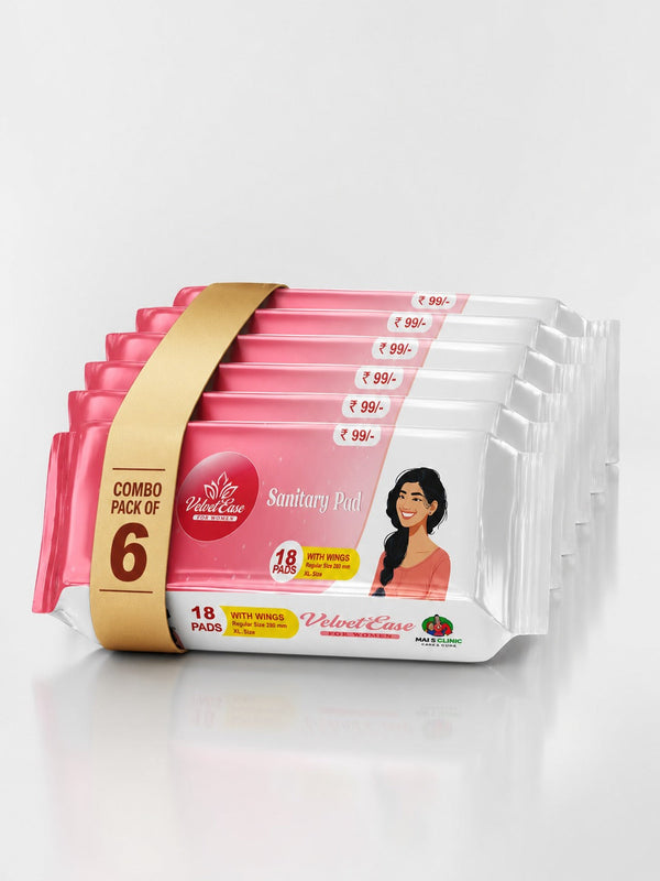 VelvetEase Cotton Sanitary Pads XL 18 Pads Pack Pack Of 6